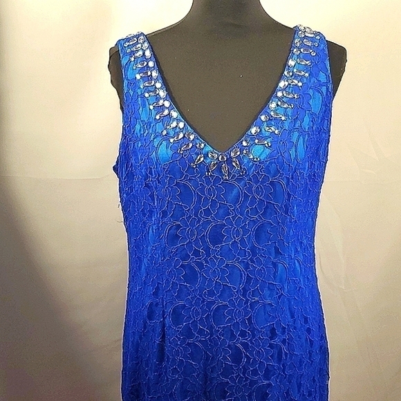 Adrianna Papell Hailey Blue Lace Evening Gown/Dress Size 14 - Picture 4 of 12